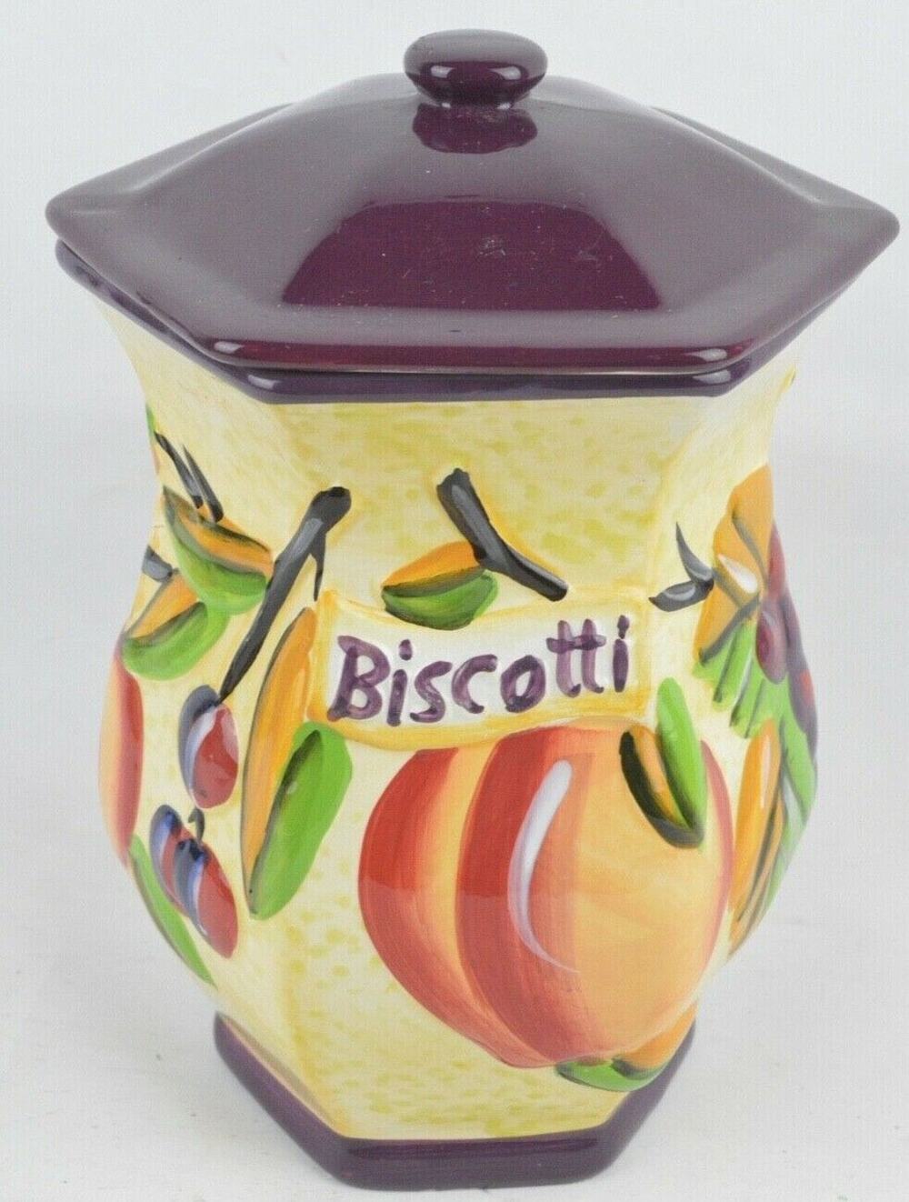 Nonni's Biscotti Ceramic Cookie Jar Hand Painted Fruit Canister Purple